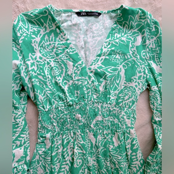 NWOT Zara Linen Blend Tropical Print Ruffled Dress Green 3/4 Sleeve Size M - Picture 11 of 13